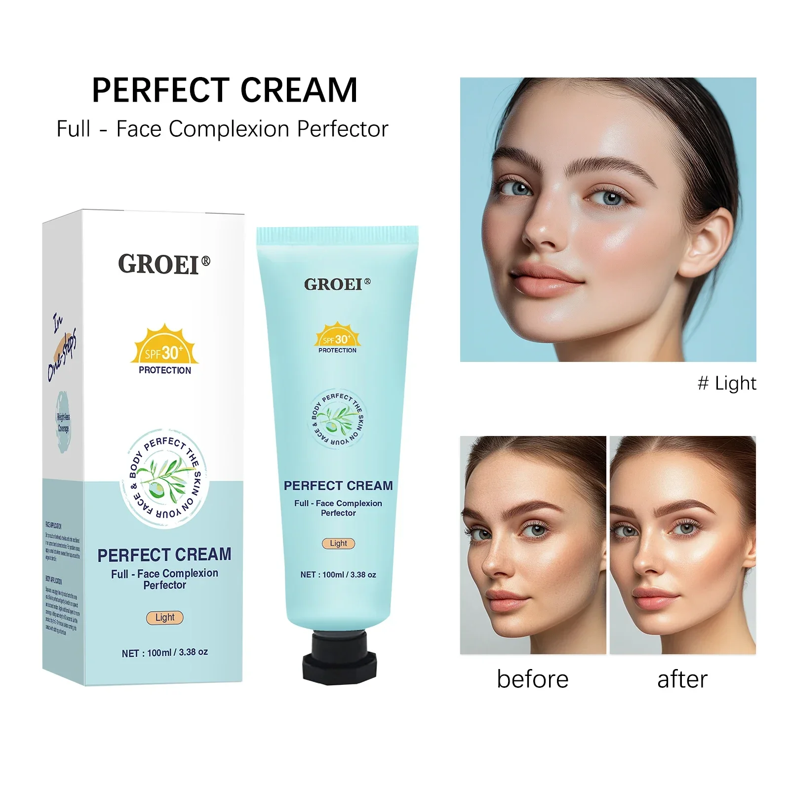 كريم أساس واقي من الشمس BB SPF30 لمدة 12 ساعة، كريم أساس للمكياج، خافي عيوب البشرة، مقاوم للماء، ترطيب، تغطية كاملة حتى قاعدة لون البشرة #1