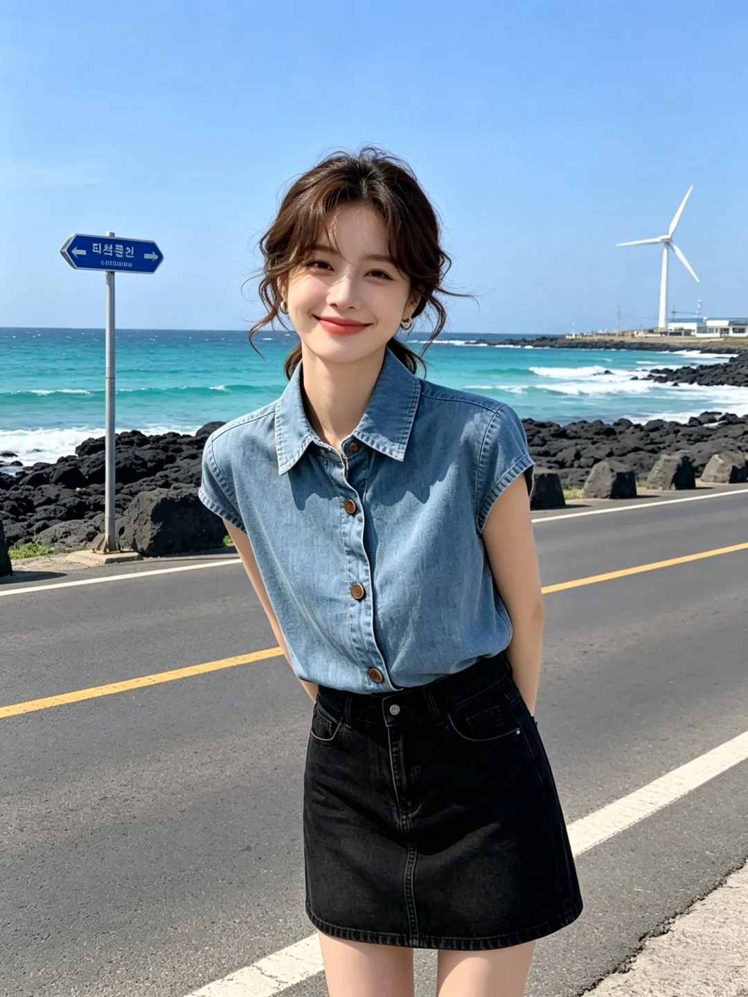

Korean Style Summer New Neck Short Sleeve Denim Shirt Women High Waist A-Line Skirt Two-Piece Set Fashionable Outfit
