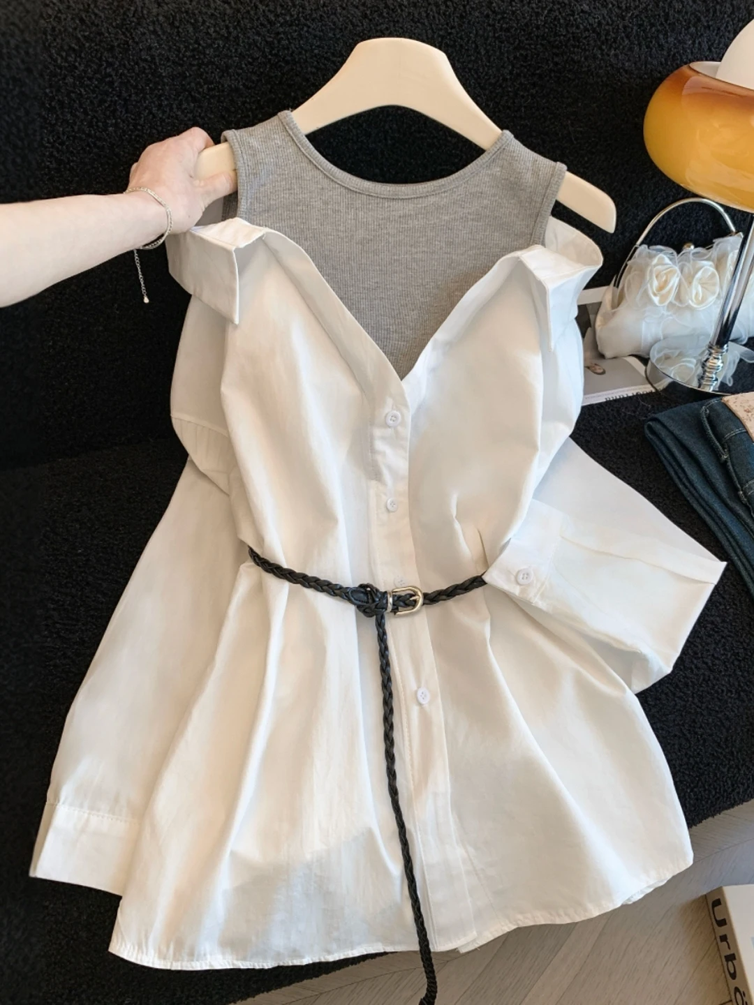 

Элегантная женская блузка с вырезами на плечах и длинными рукавами, ранневесенняя, с поясом на талии, в расслабленном стиле, для повседневной носки, корейская версия