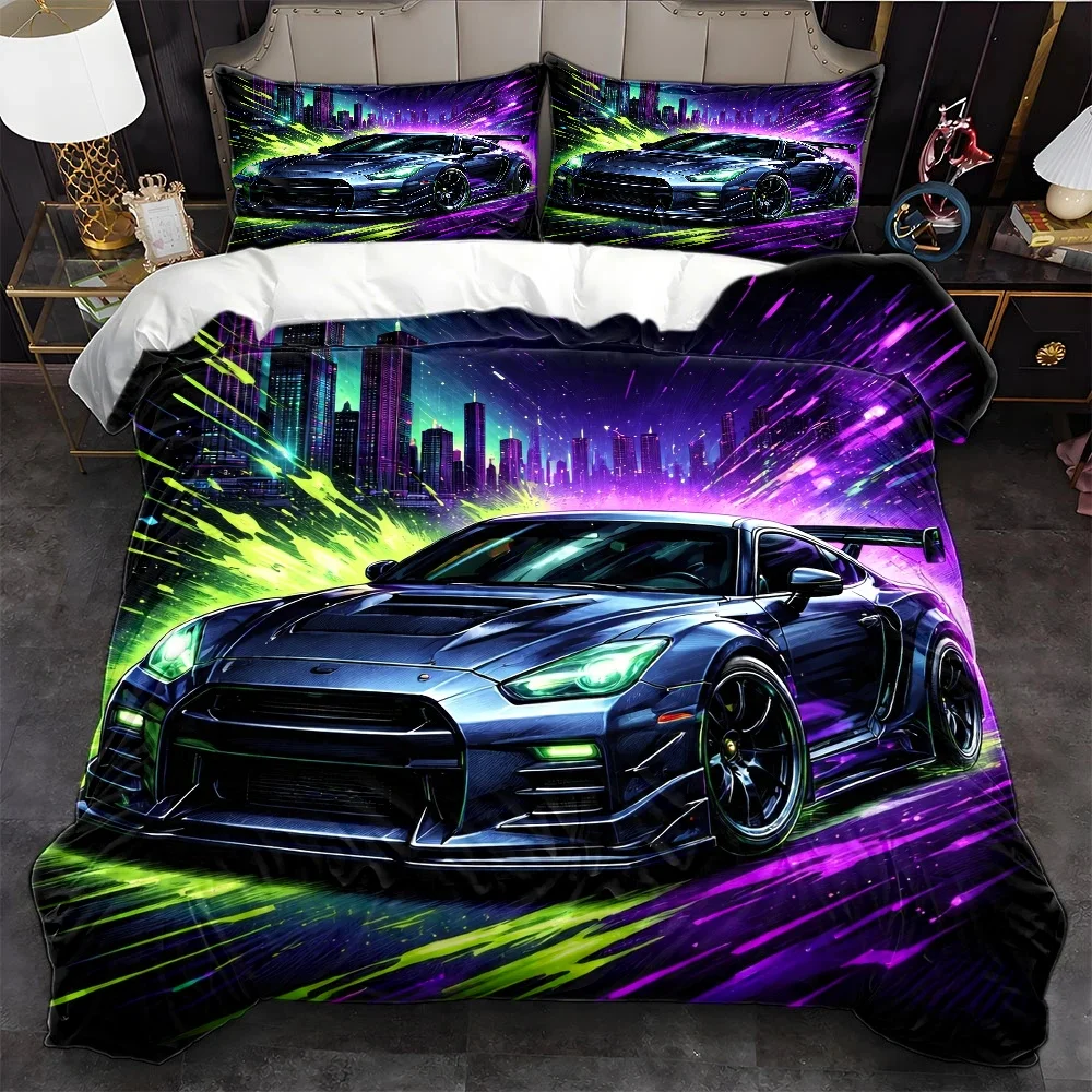 Cyberpunk Supercar Theme Bedding Set (1*Duvet Cover + 2*Pillowcases), Pink Halloween Decoration Comforter Sets Quilt Cover Bedding Set Breathable Polyester Invisible Zipper Machine Wash