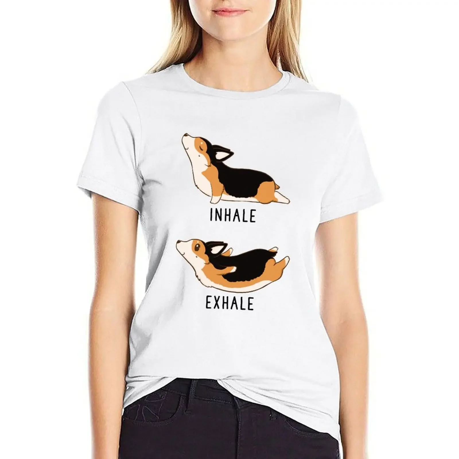 Inhale Exhale Tri Color Corgi Yoga T-shirt Short sleeve tee lady clothes tops Top Women