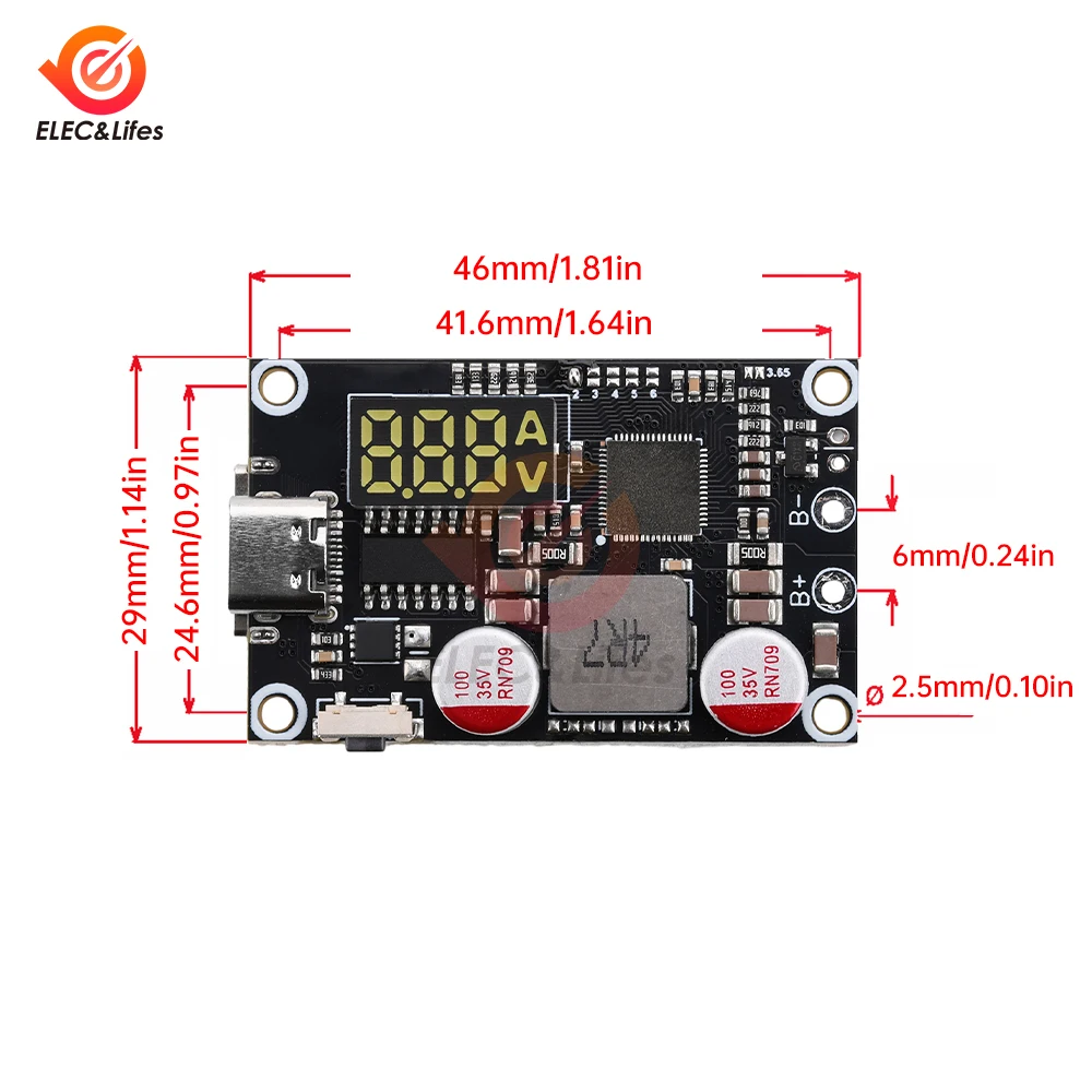 Pd/qc tipo-c usb 45w display led módulo adaptador de carregamento rápido 2-6s bms bateria de lítio módulo de carga rápida boost buck conversor