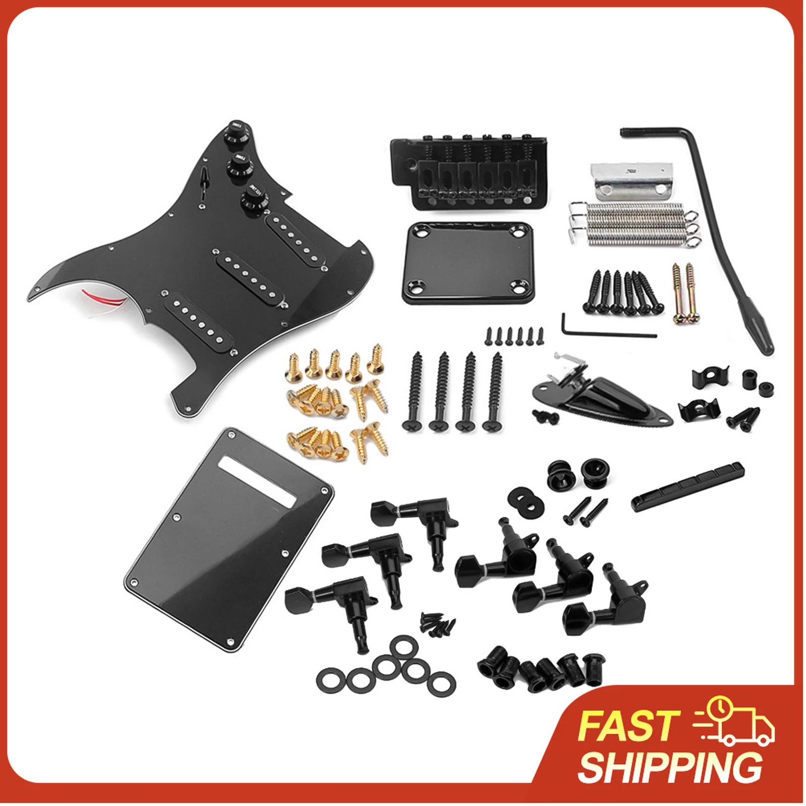 

Электрогитара в стиле ST: полный комплект для самостоятельной сборки, включая предварительно смонтированную пикгард-плату, бридж, SSS-звукосниматели и другие аксессуары, черная.