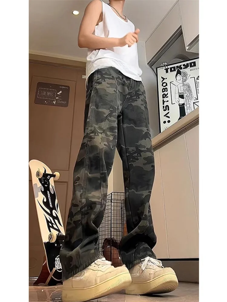 

Модные американские камуфляжные джинсы в стиле ретро, мужские летние прямые свободные брюки с дизайном Sensation Carpenter, рабочие брюки