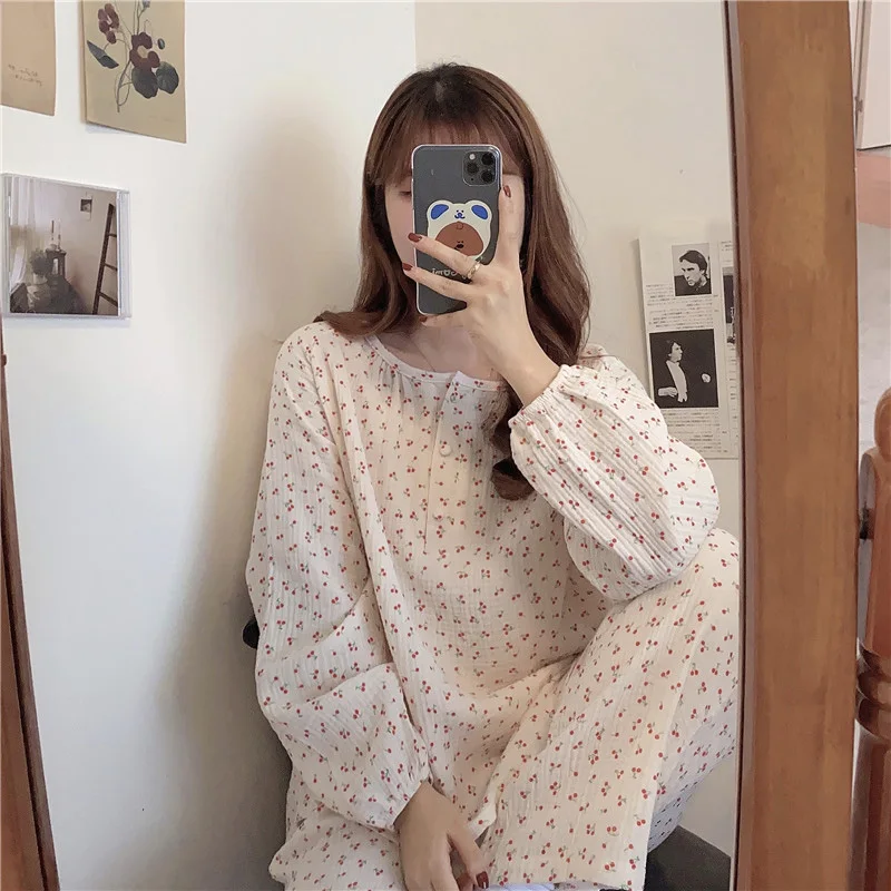 

Autumn Pajamas Set Women O-Neck Long Sleeve Cotton Sweet Pink Two Piece Home Suit Ins Loose Soft Sleepwear Homewear