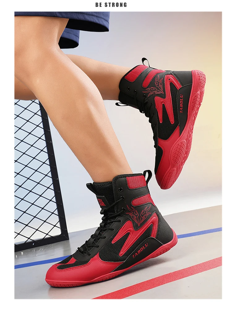 أحذية مصارعة خفيفة الوزن للرجال أحذية ملاكمة شبكية قابلة للتنفس أحذية ملاكمة للتدريب للرجال أحذية رياضية باللون الأسود والأحمر