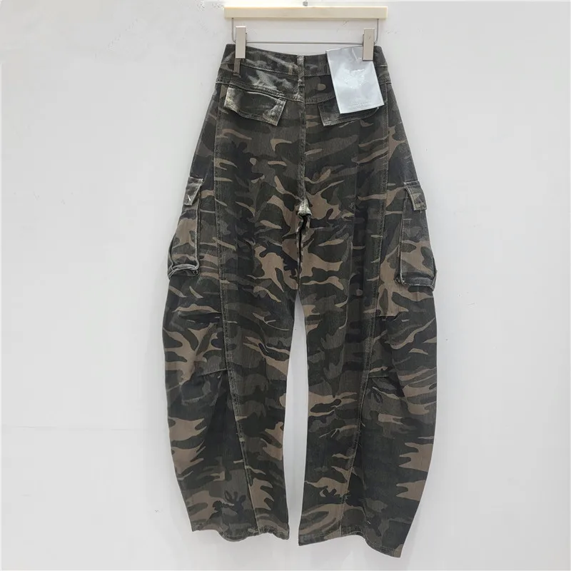 American Retro Metal Buckle Camouflage Pants Women New Spring Autumn Cargo Pants Streetwear Wide Leg Straight Long Trousers