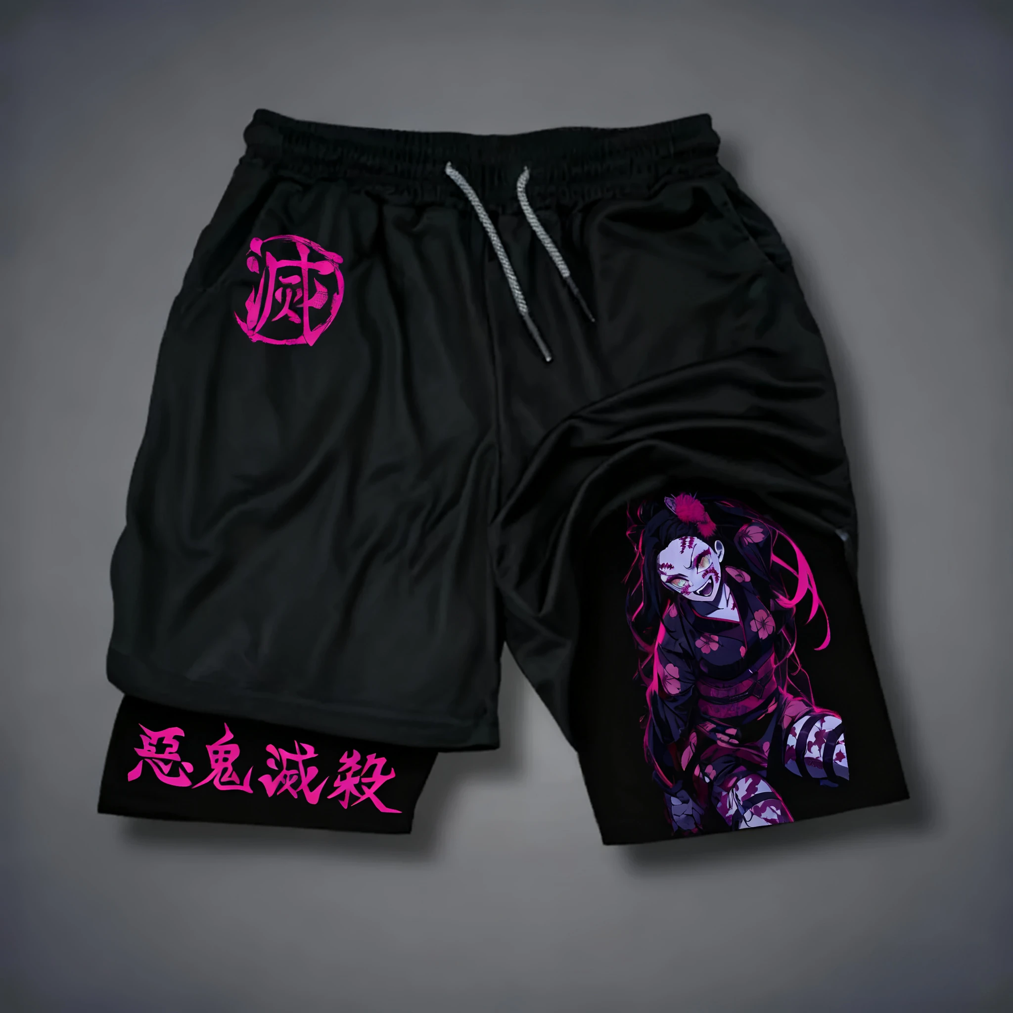 Szorty z nadrukiem anime Demon Slayer 2025 - Nowe, letnie, luźne i modne szorty fitness dla kobiet i mężczyzn, dwuwarstwowe, ins