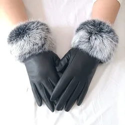 2024 Women Winter Real Sheepskin Gloves With Real Fur Cuff Warm Genuine Fur Trim Leather Glove