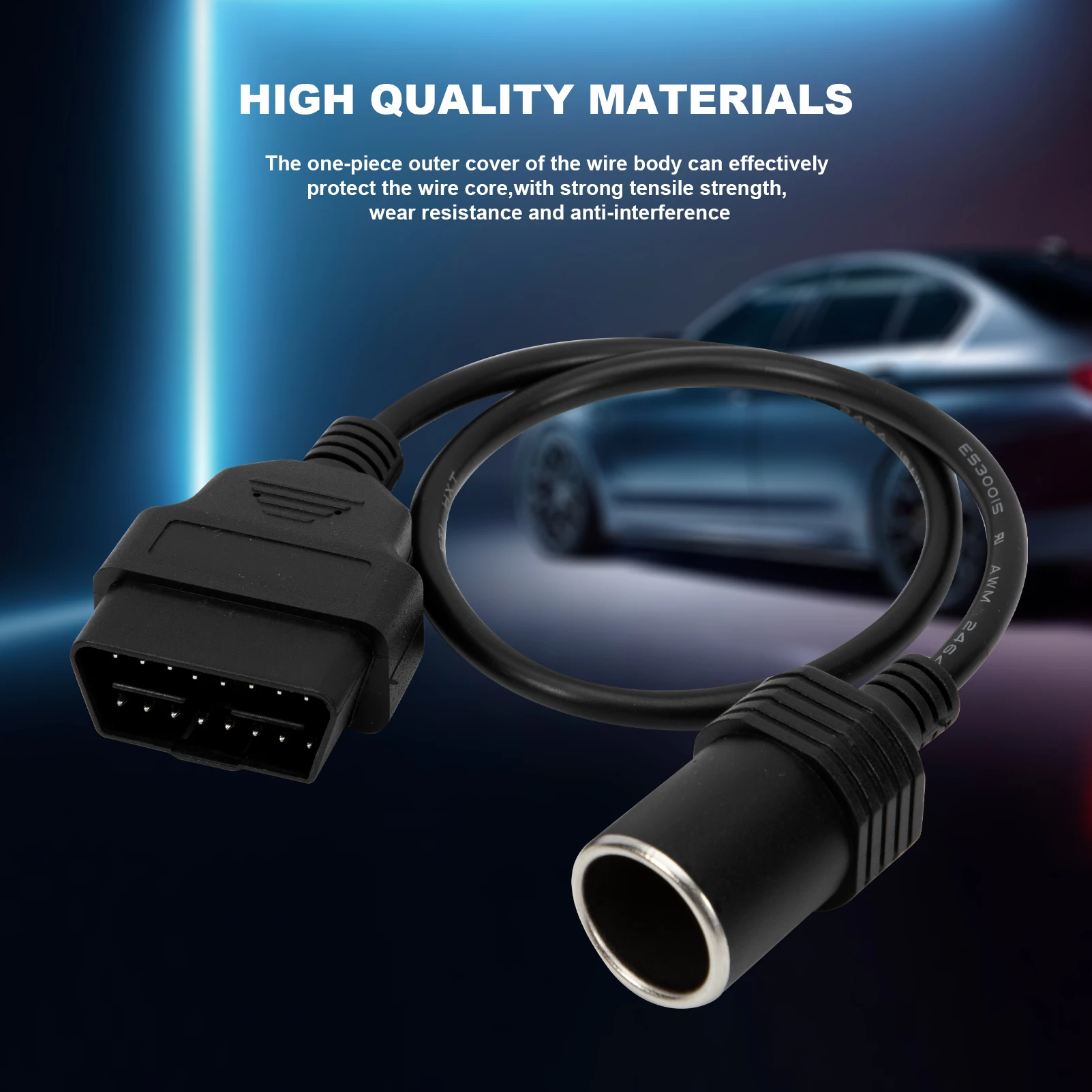 

OBD2 to Cigarette Lighter Socket Adapter Connector 16-Pin OBD2 Male for Vechile Car Extension Power Supply Cable 18AWG -0.5 m