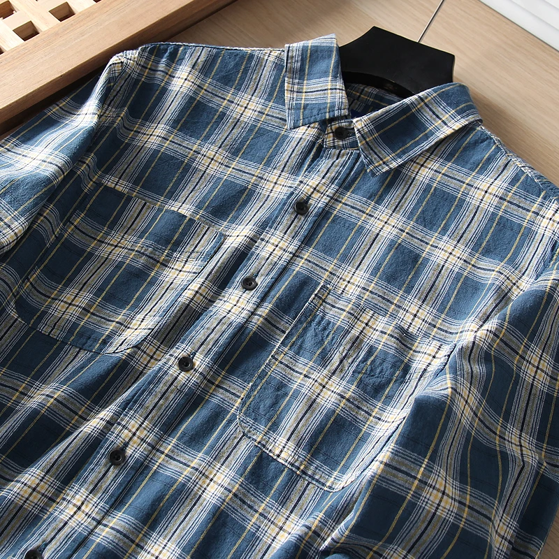 

Модная японская рубашка в клетку для мужчин, с длинным рукавом, приталенного кроя, из цветной тканой ткани, в городском стиле, весенний сезон