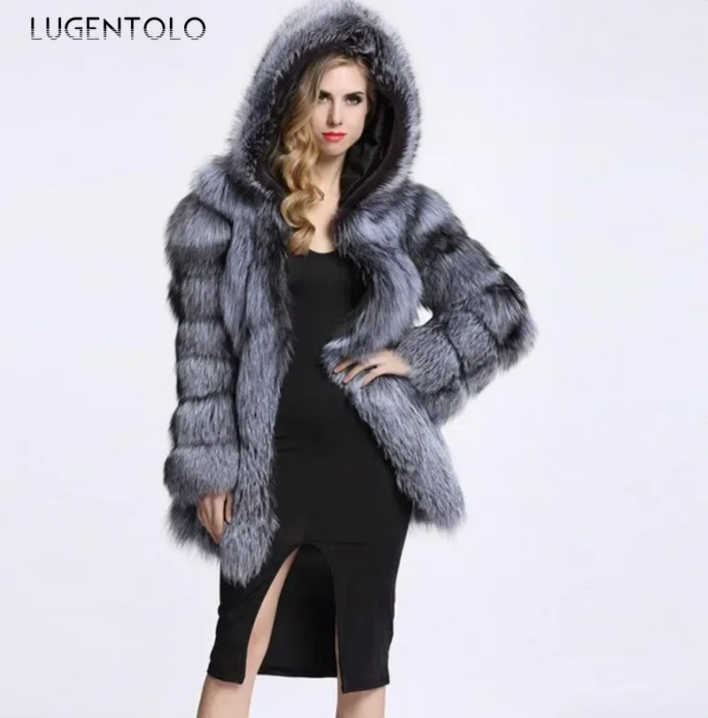 

Women Faux Fur Elegant Coat Hooded Warm Autumn Winter Faux Fox Fur Lady Temperament Qualitynew Street Jacket Cloth Lugentolo