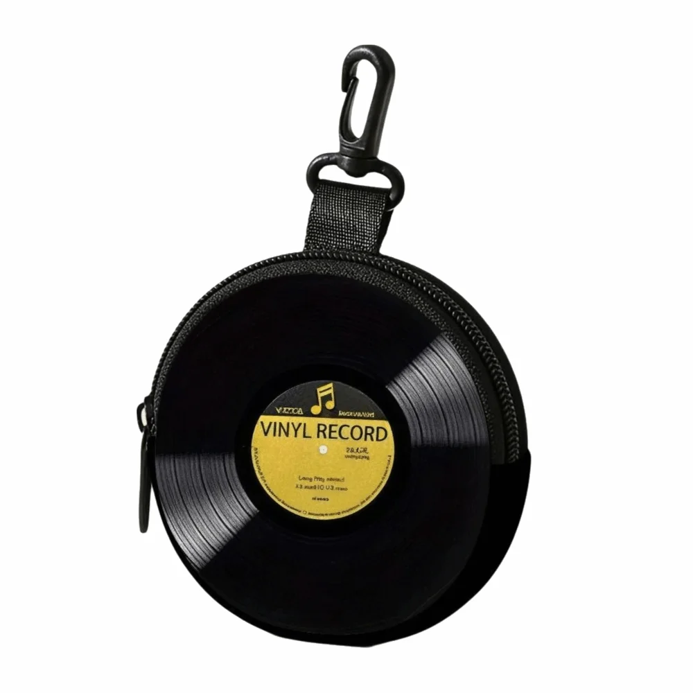 Creative Vinyl Record Pattern Mini Coin Purse PVC Water-resistant Zippered Wallet Lightweight Portable Earphone Bag Friends Gift