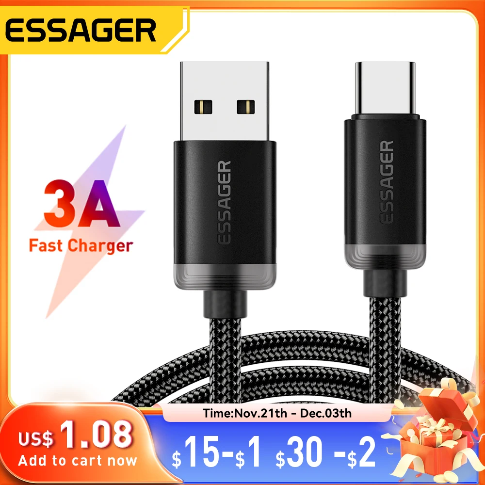 Essager 3A USB Type C Cable USB A To Type C Fast Charging Cables For iPone 15 Samsung Xiaomi Mobile Phone Data Charger Wire Cord