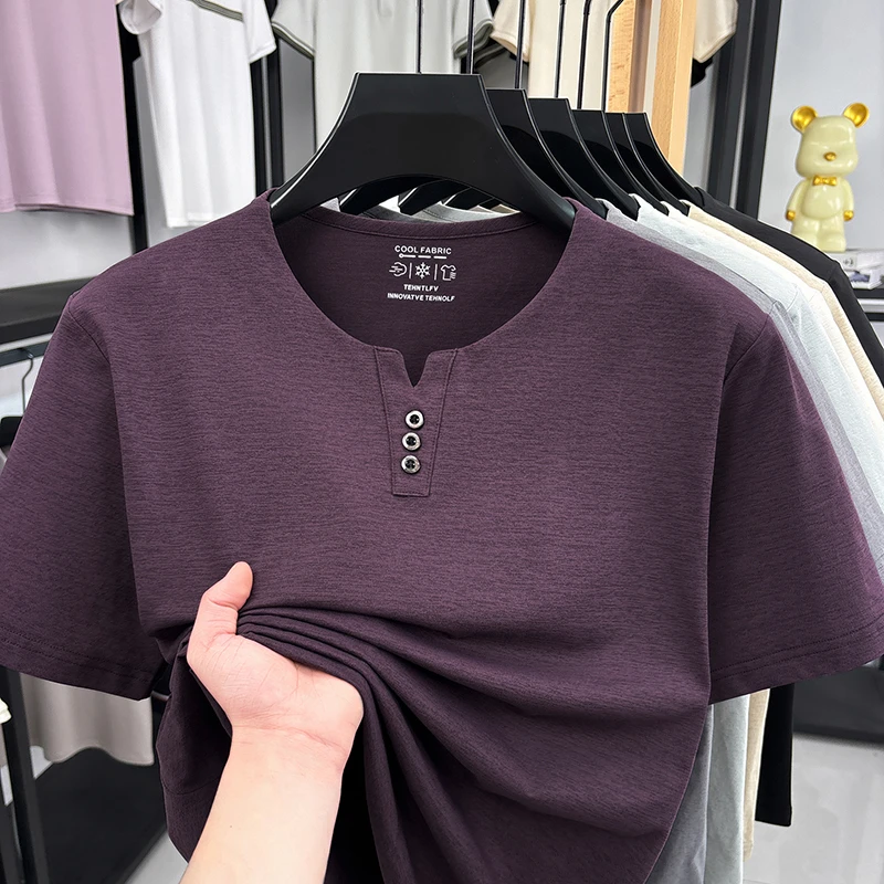 Herren Henley-T-Shirt mit Kurzarm und Dreiknopfleiste aus Atmungsaktivem Stoff für Alltägliche Freizeitkleidung – Detail 7
