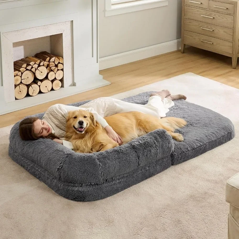 

Foldable Human Dog Bed for People Adults,2 in 1 Mat and Waterproof Liner, Faux Fur Orthopedic Dogs Sofa, Dark Grey Doghouse