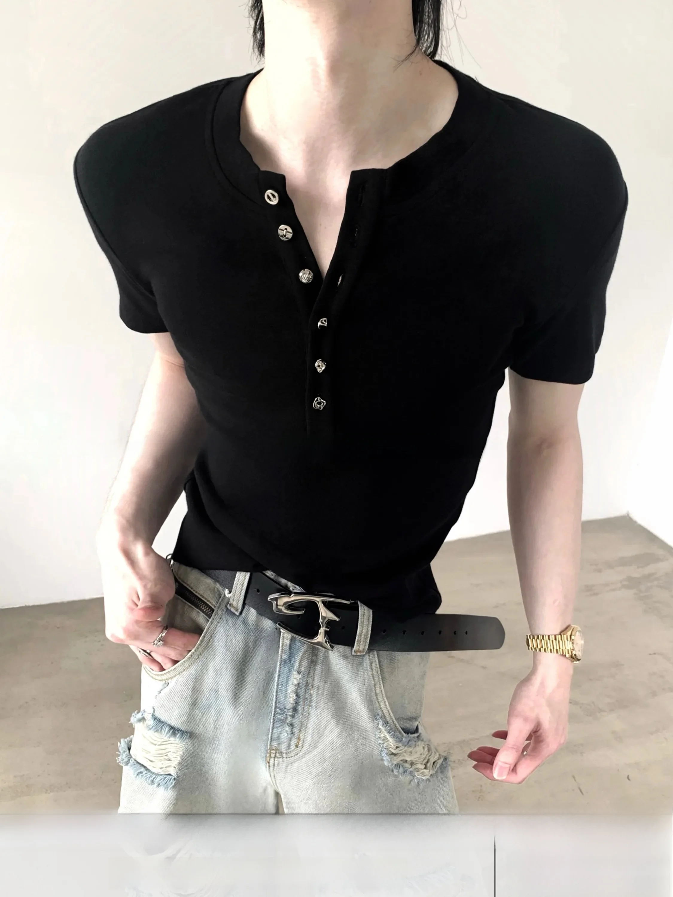 Autumn Mountain Wind New  Diamond Buckle Semi-Open Henry Collar Short Sleeve Men's Summer Slim Fit  T-Shirt