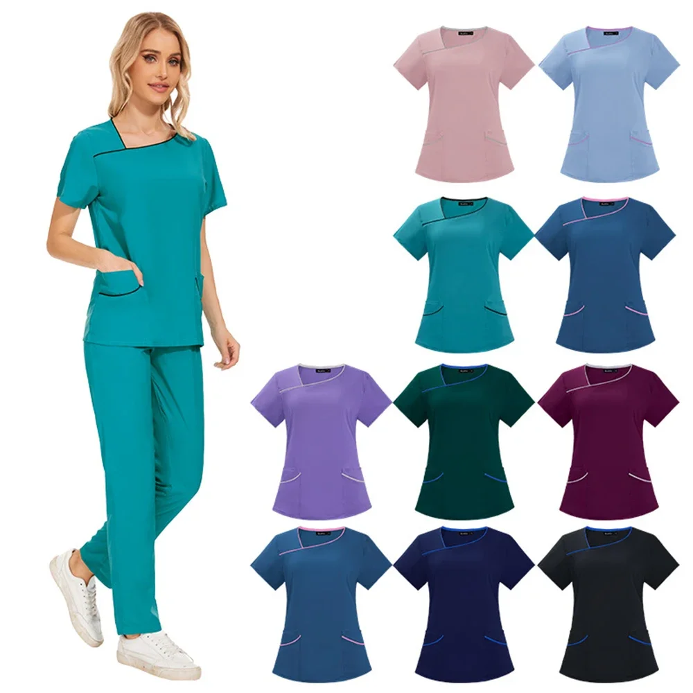 زي ممرضة نسائي بأكمام قصيرة ورقبة على شكل حرف V ، ملابس عمل ممرضة ، لون واحد ، بلوزة تمريض طبي ، زي عمل ، وزرة رعاية ، طقم سكرابز