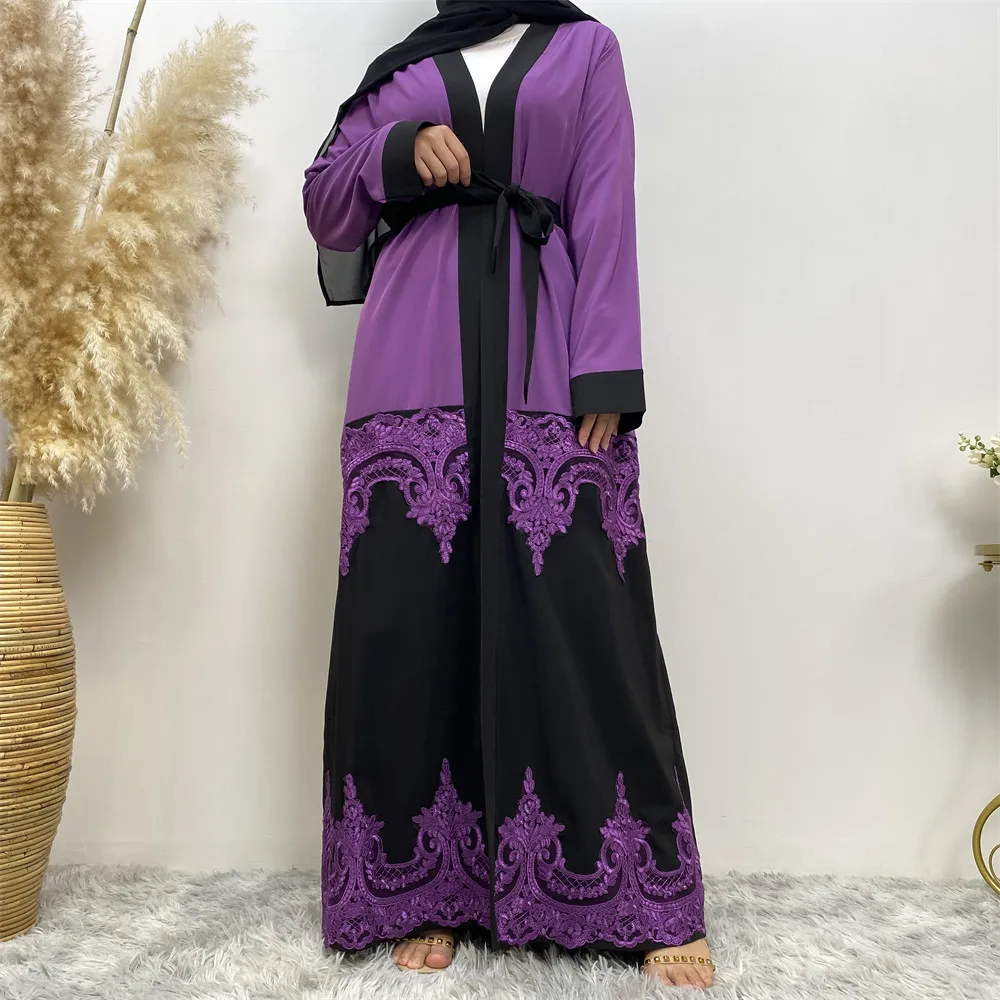 Fashion Muslim Dubai Women\'s Robes 2023 Muslim New fashion lace cut-out patchwork Cardigan Turkish Islamic Dress Long African dr