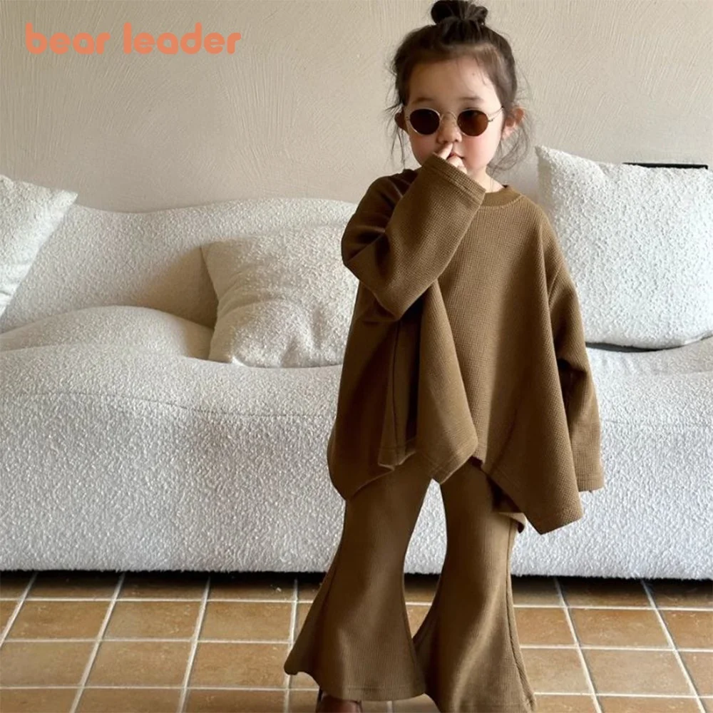 Bear Leader 2-6 Years Solid Color Waffle Girls Sets Spring Autumn Loose Round Neck Cape Top+Flare Pants 2 Piece Set Kids Clothes