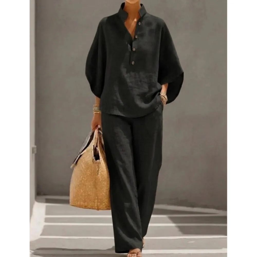 Fashion Cotton Linen Button Stand Collar 9 Quarter Sleeves Loose Women's 2-piece Suit Spring Casual Wide Leg Pants Suit Female image 4