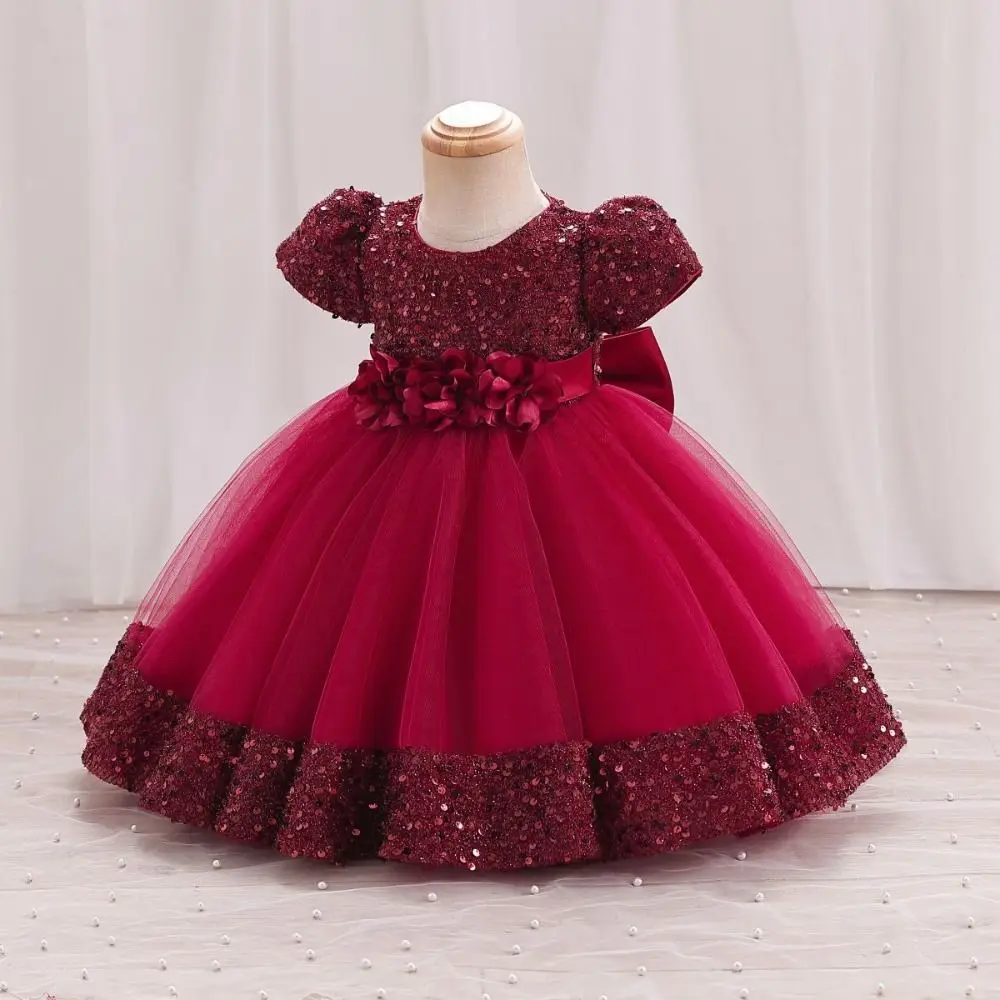 

Puff Sleeve Girls Princess Evening Dress Bowknot Flower Children Tulle Dress Shiny Glitter Sweet Party Dress Skirt Dancing Party