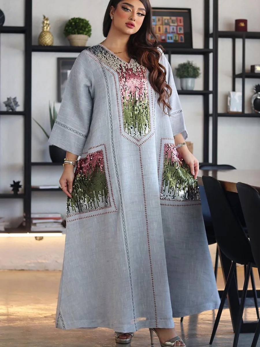 Siskakia Sequins Patchwork Abayas For Woman Dubai Luxury 2025 V-Neck Moroccan Kaftan Dress