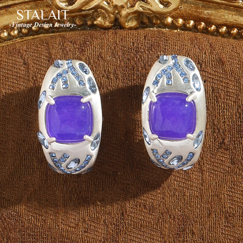 

Vintage Purple Earrings Studs Stone Natural Silver Color Luxury Light Blue Rhinestones Accessories For Women Valentine Day Gift