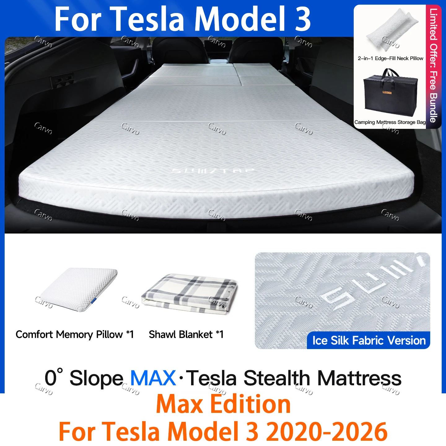 Opvouwbaar Memory Foam Campingbedje – 0 Helling Platte Matras voor Tesla Model 3 2020-2024 & Highland 2024 Inclusief Opbergtas