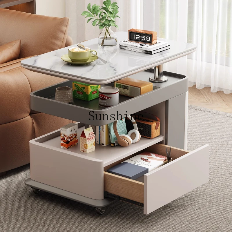 

Light luxury rock slab sofa side table side cabinet mobile coffee table can be lifted and lowered rotating trolley