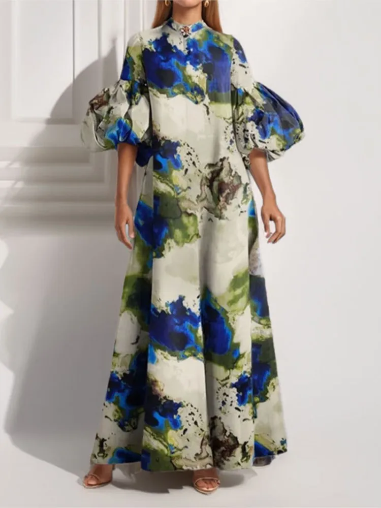 

New Woman's Printed Maxi Dress Elegant Ladies Lantern Sleeve Loose Long Dress Spring Summer New Evening Party Dress For Women