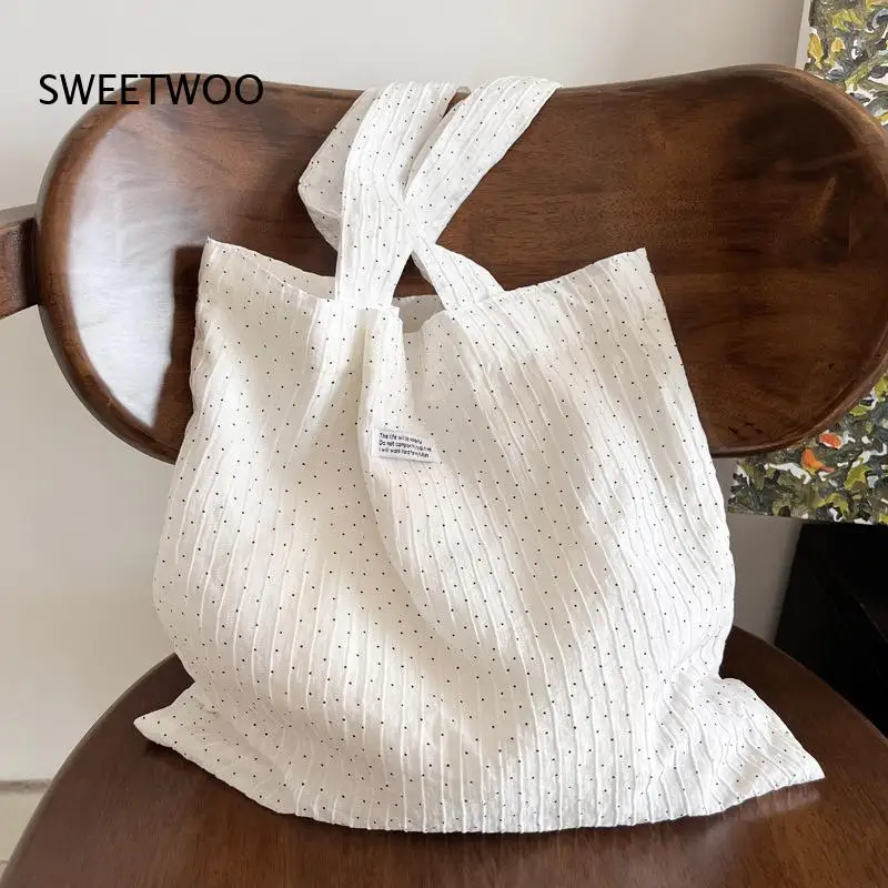 2026 Sheer Crinkled Textured Hand Bag Mini Polka Dot Print Foldable Breathable Outdoor Beach Picnic Daily Storage Shoulder Bag