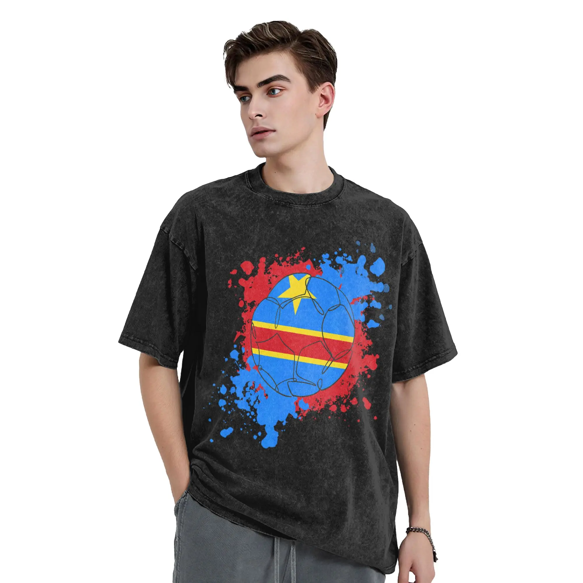 Republic Of Congo Flag Soccer Ball Washed T Shirts Streetwear  Fashion T-Shirt  Tees Tops Men Women Cotton Harajuku Graphic