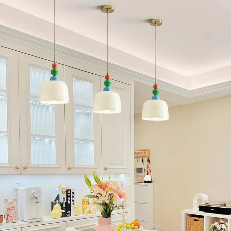 Art Dining Table Hanging Light Colorful Wood Beads Glass Pendant Lamps for Bedside Kicthen Bar Home LED Indoor E27 Chandelier