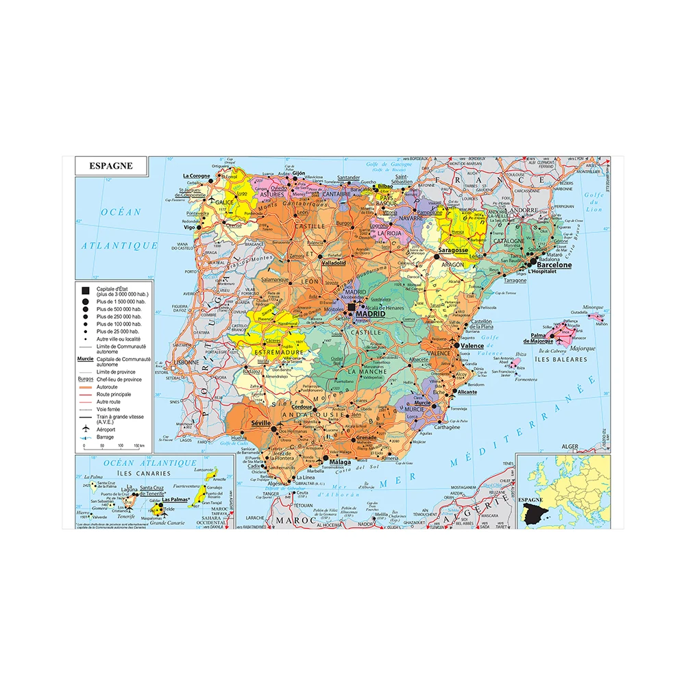 225*150cm Transportation Map of The Spain in French Decorative Hanging Picture Painting Detailed Large Poster Home Decor School