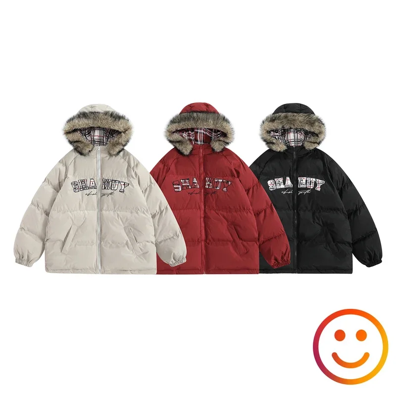 Detachable Down Cap Black Red Gray Zipper Jacket Bread Parka Men Women High Quality Winter Thick Warm Cotton Jackets Coat