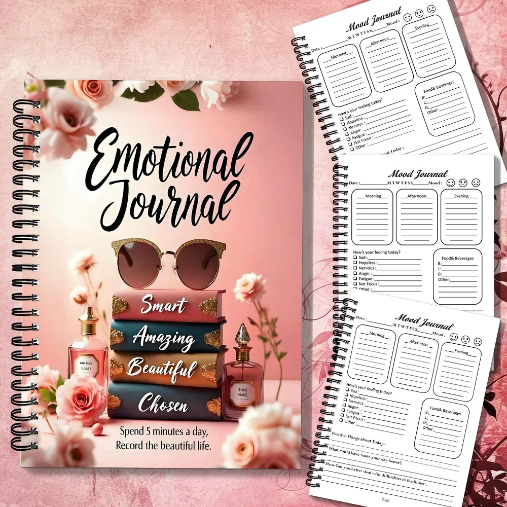 1 Stück Spiral-Notizbuch, romantisches Notizbuch mit rosa Rosen und Buchmotiv, emotionales Spiral-Notizbuch, zum Aufzeichnen täglicher Emotionen und Gedanken.