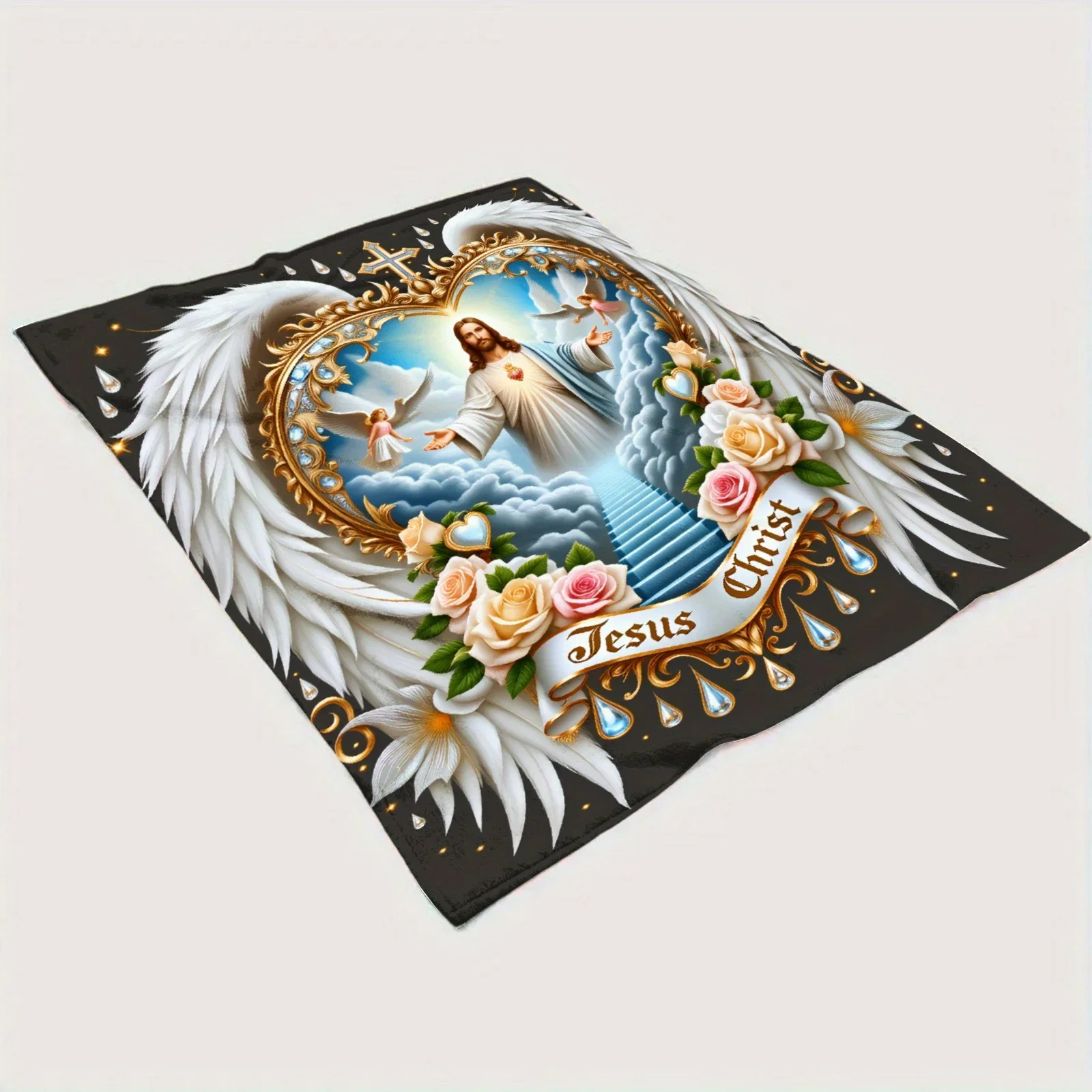 Customization Luxury Jesus-Themed Spiritual Flannel Throw Blanket With Religious Artwork, Golden Frames & Biblical Scenes - Soft