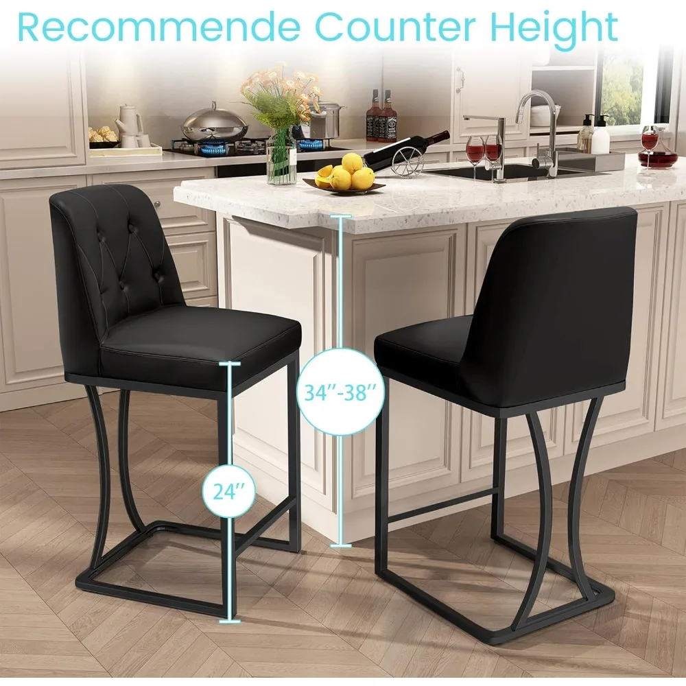Black Counter Height Bar Stools Counter Stools Pu Leather Modern Bar Chairs with Back for Kitchen Island