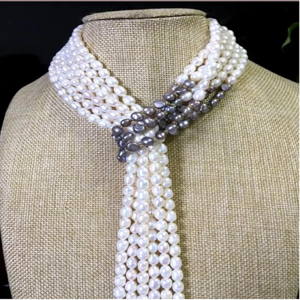 

Hand knotted necklace natural 6-7mm white freshwater pearl and gray baroque 3 rows sweater chain nearly round pearl 55inch