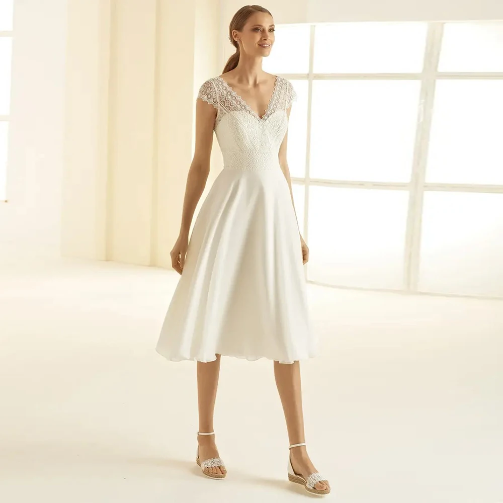 Klasyczna krótka suknia ślubna z szyfonu z krótkimi rękawkami, gorsetem, szyta na miarę, o długości do herbaty, z koronką, dekoltem w serek, suknie ślubne Vestidos De Novia