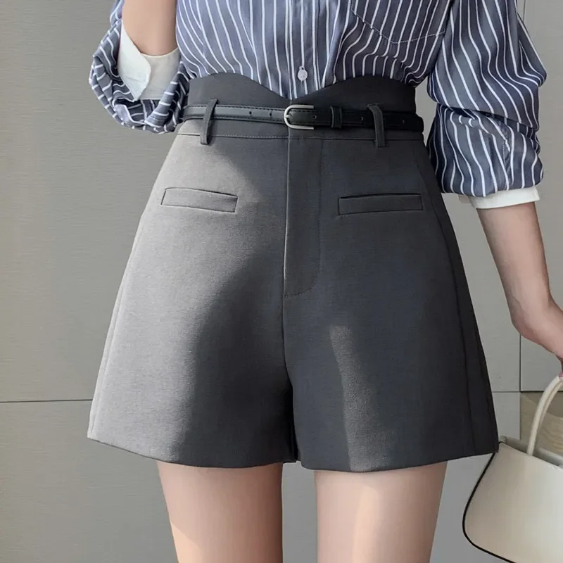 팝 하이 웨스트 그레이 작업 OL 짧은 바지 벨트 2023 가을 캐주얼 정장 패브릭 와이드 레그 반바지 여성
