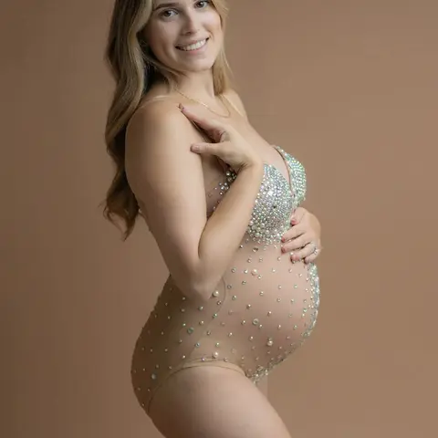 라인 석 스트랩 바디 슈트 출산 원피스 출산 란제리 럭셔리 스팽글 진주 출산 점프 슈트를 통해 볼