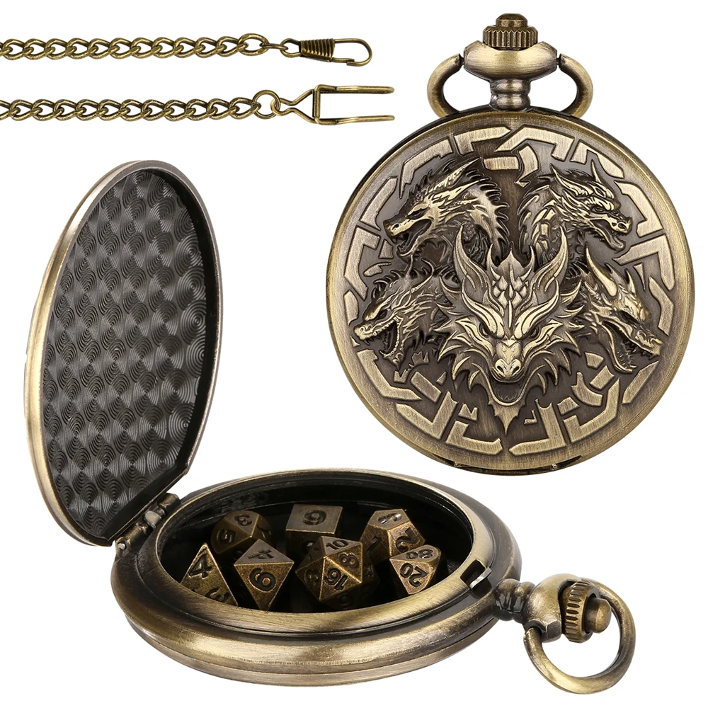 DND Dice Set 7pcs Mini Metal Dice with Pocket Watch With Chain Dragon Watch Shell Perfect for RPGs