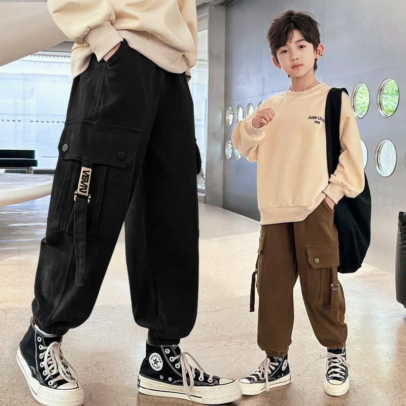 

New Boys Cargo Pants Big Pocket Jogger Black Khaki Streetwear Trousers Fashion Sweatpants Teen Harem Casual Pants 10 12 14 Years