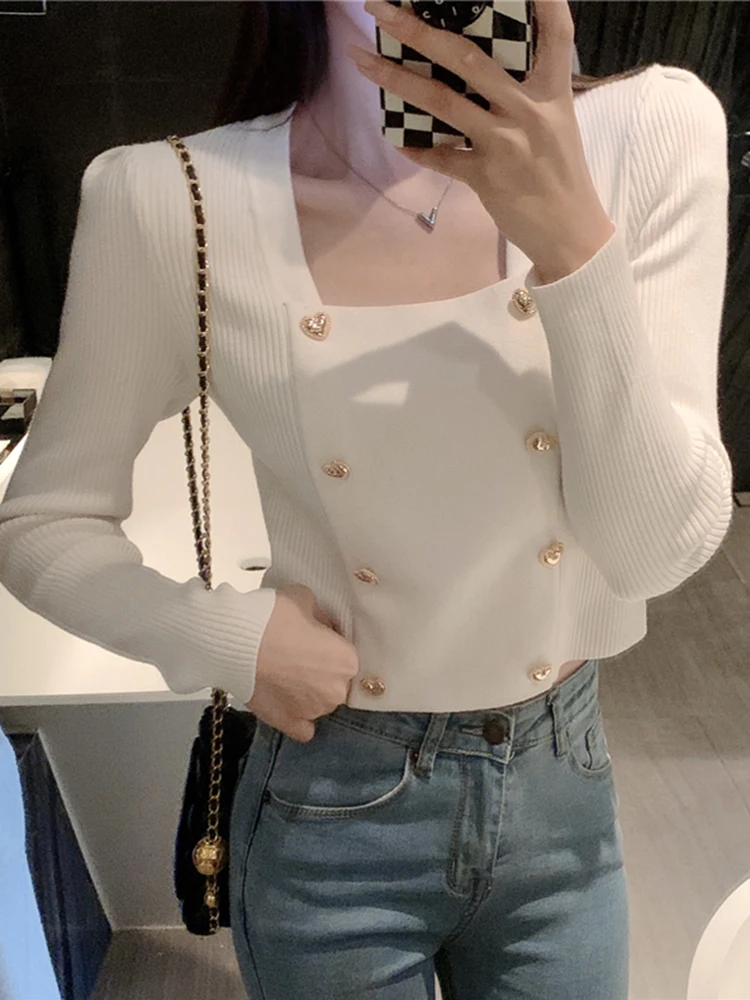 

Long Sve Double-Breasted Knitwear Heart Pattern Street Sle Pure Color Autumn Winter Women's Faion Slim Fit Sweater