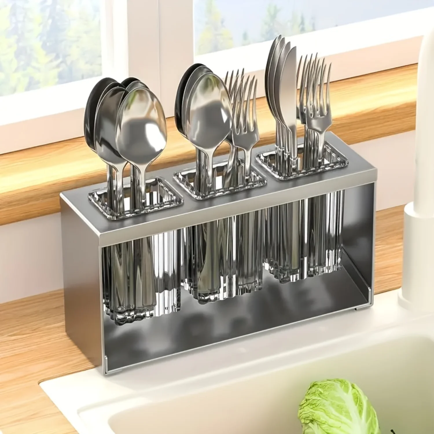 Flatware Organizer with Drain Rack and Chopstick Tube for Kitchen - Fork, Spoon, Chopsticks - Household Organizer and Accessorie