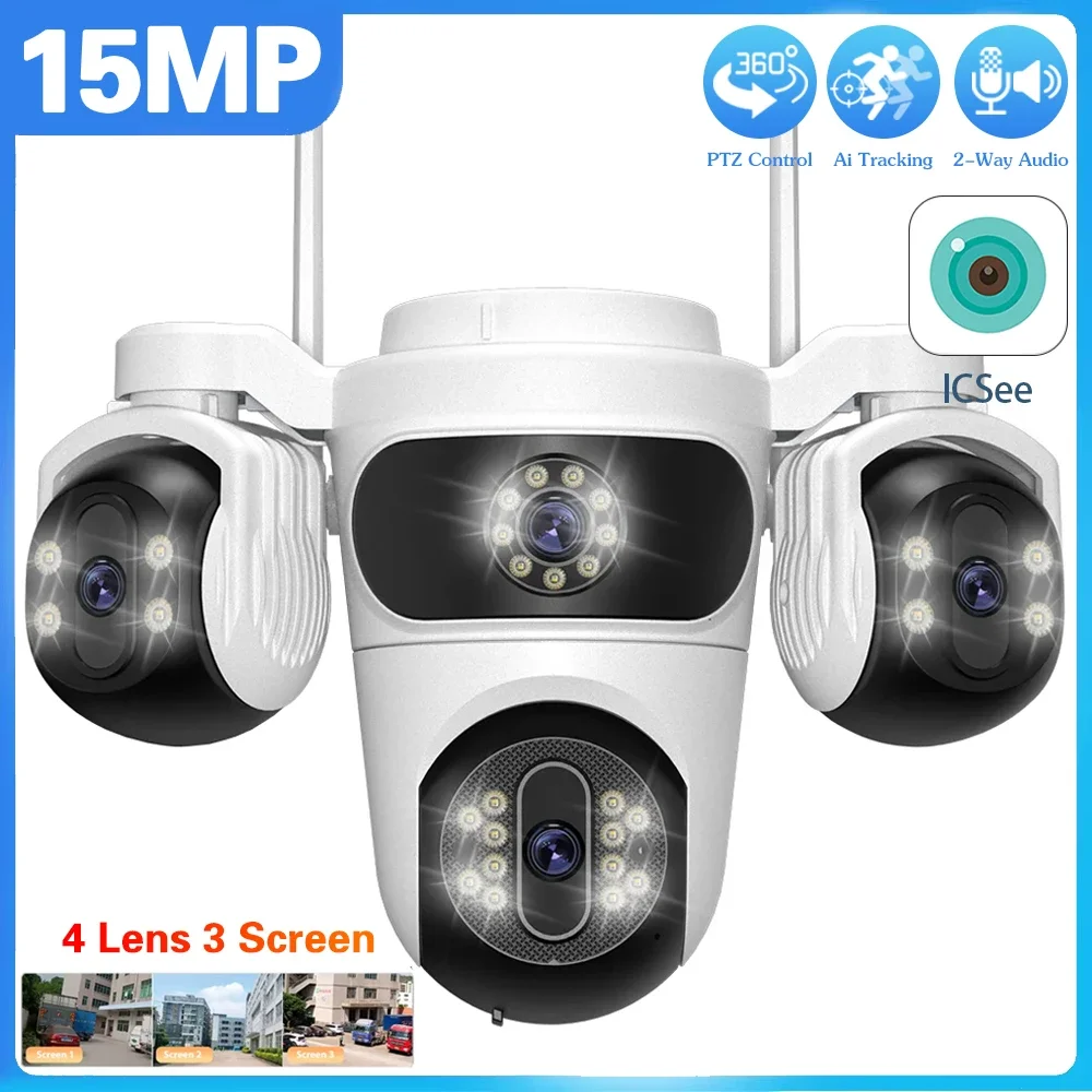 

15MP WIFI Camera Three Lens Screen PTZ Camera Human Detection Security CCTV Surveillance 10MP HD External Dual Lens Camera iCsee