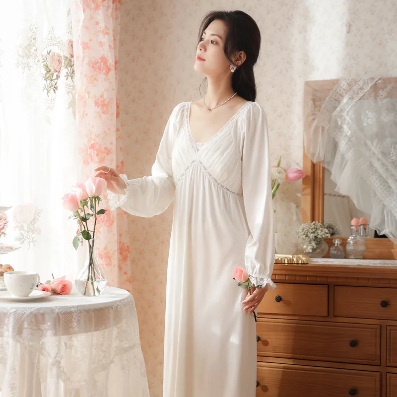 Women Long-sleeved Cotton Nightdress Retro Court Style Nightgowns Princess Sexy Lace V-neck Sleepwear Long Pajamas Home Service