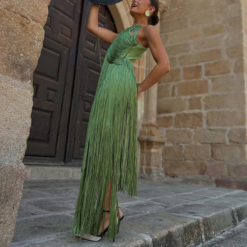 Abiti da donna sexy con canotta cava con scollo all'americana Abito alla moda a vita alta con nappe sottili Abiti da festa Abiti lunghi Boho senza maniche estivi